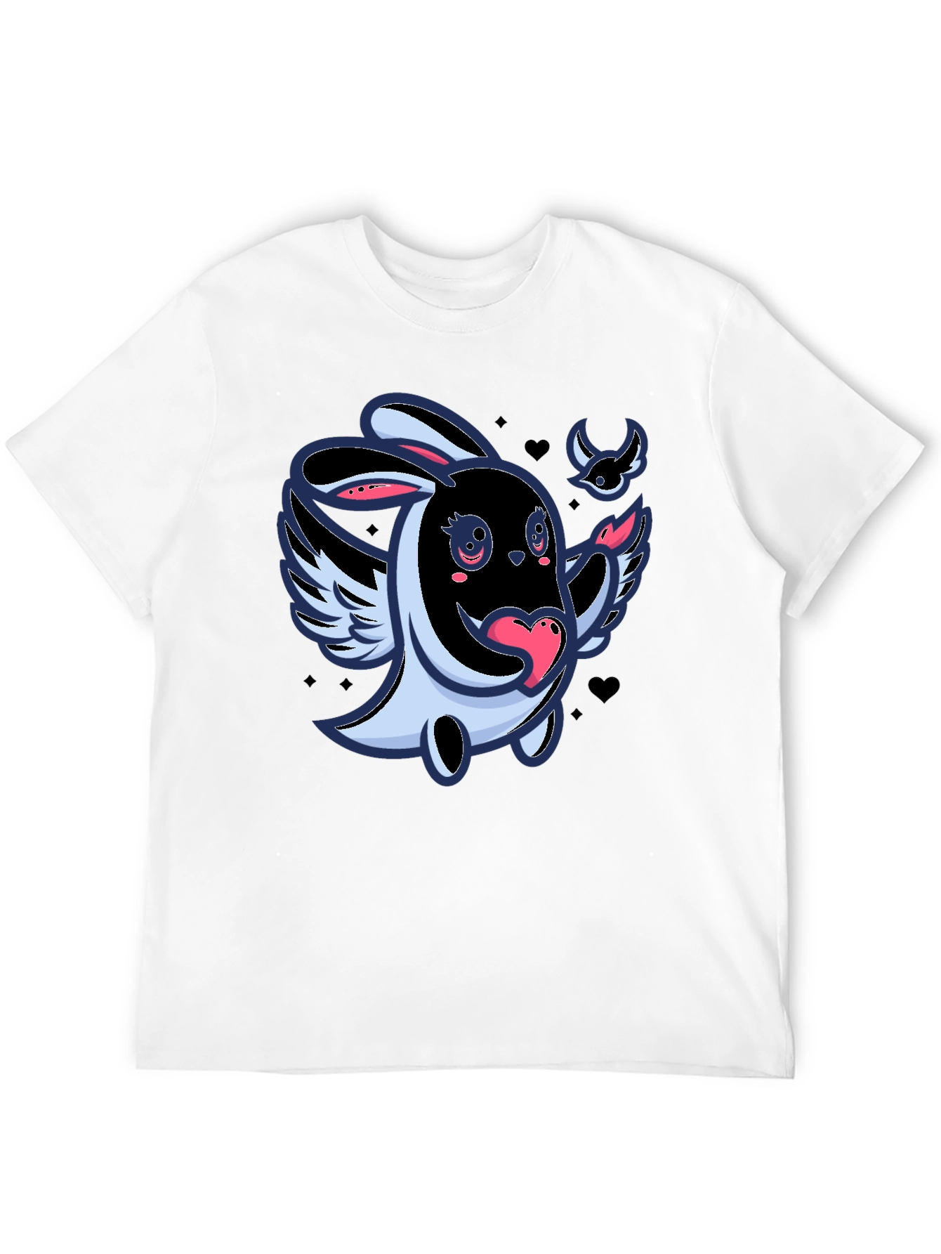 Cute Cartoon Bunny with Wings Black T-Shirt