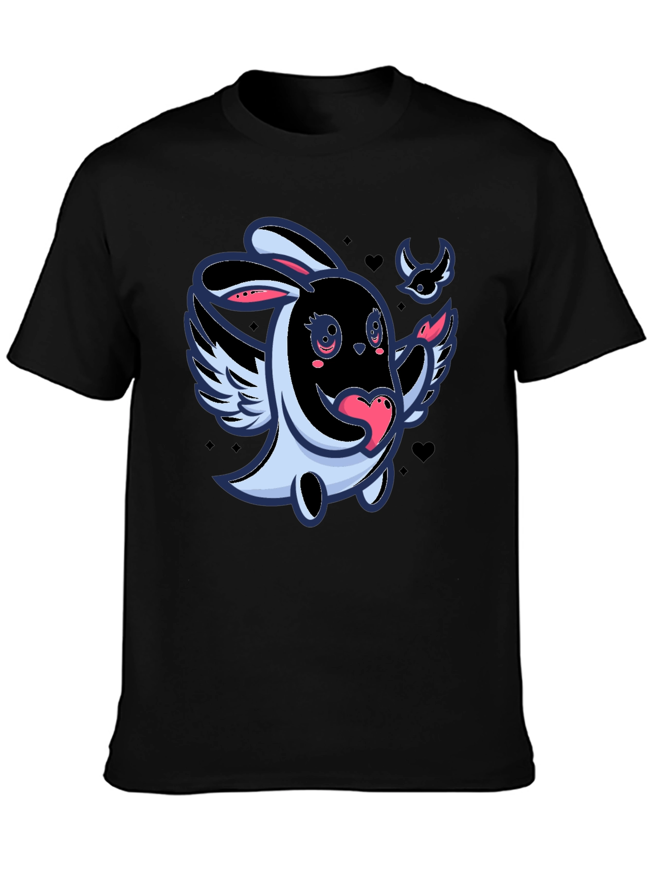 Cute Cartoon Bunny with Wings Black T-Shirt