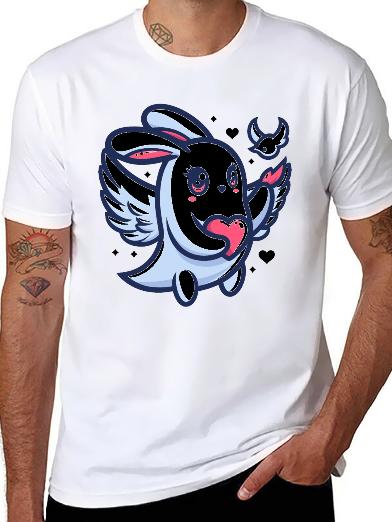 Cute Cartoon Bunny with Wings Black T-Shirt