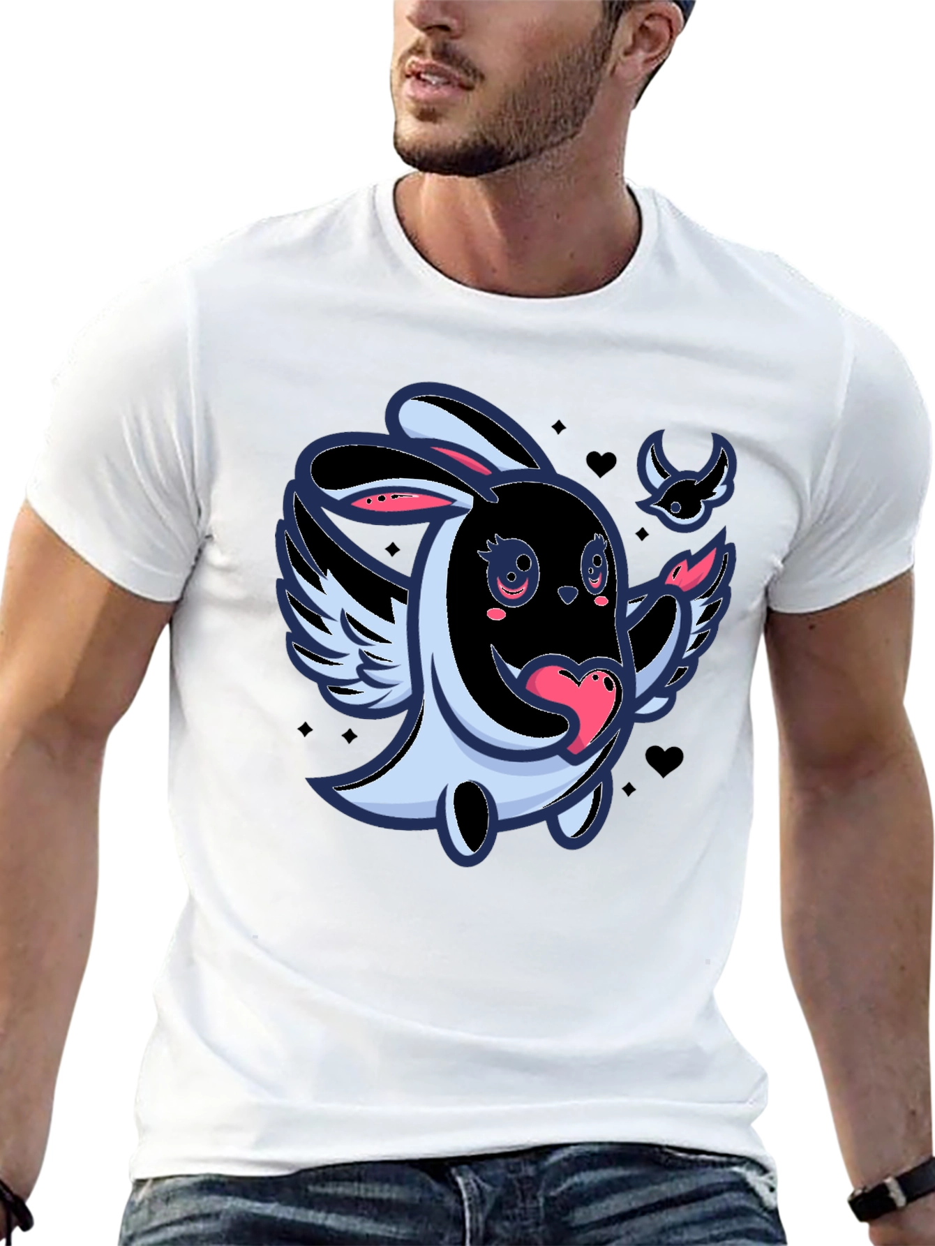 Cute Cartoon Bunny with Wings Black T-Shirt