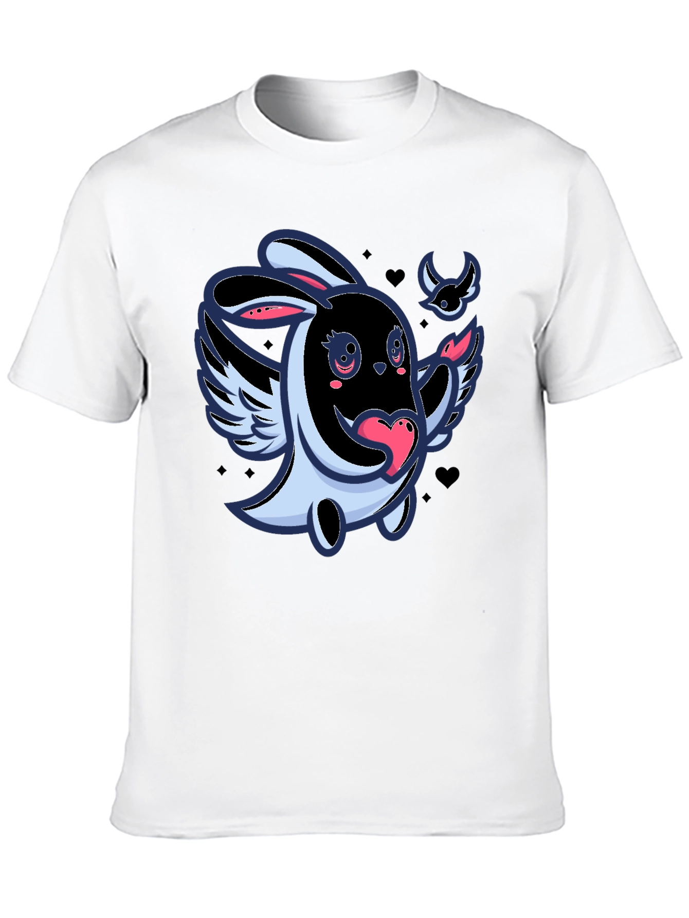 Cute Cartoon Bunny with Wings Black T-Shirt