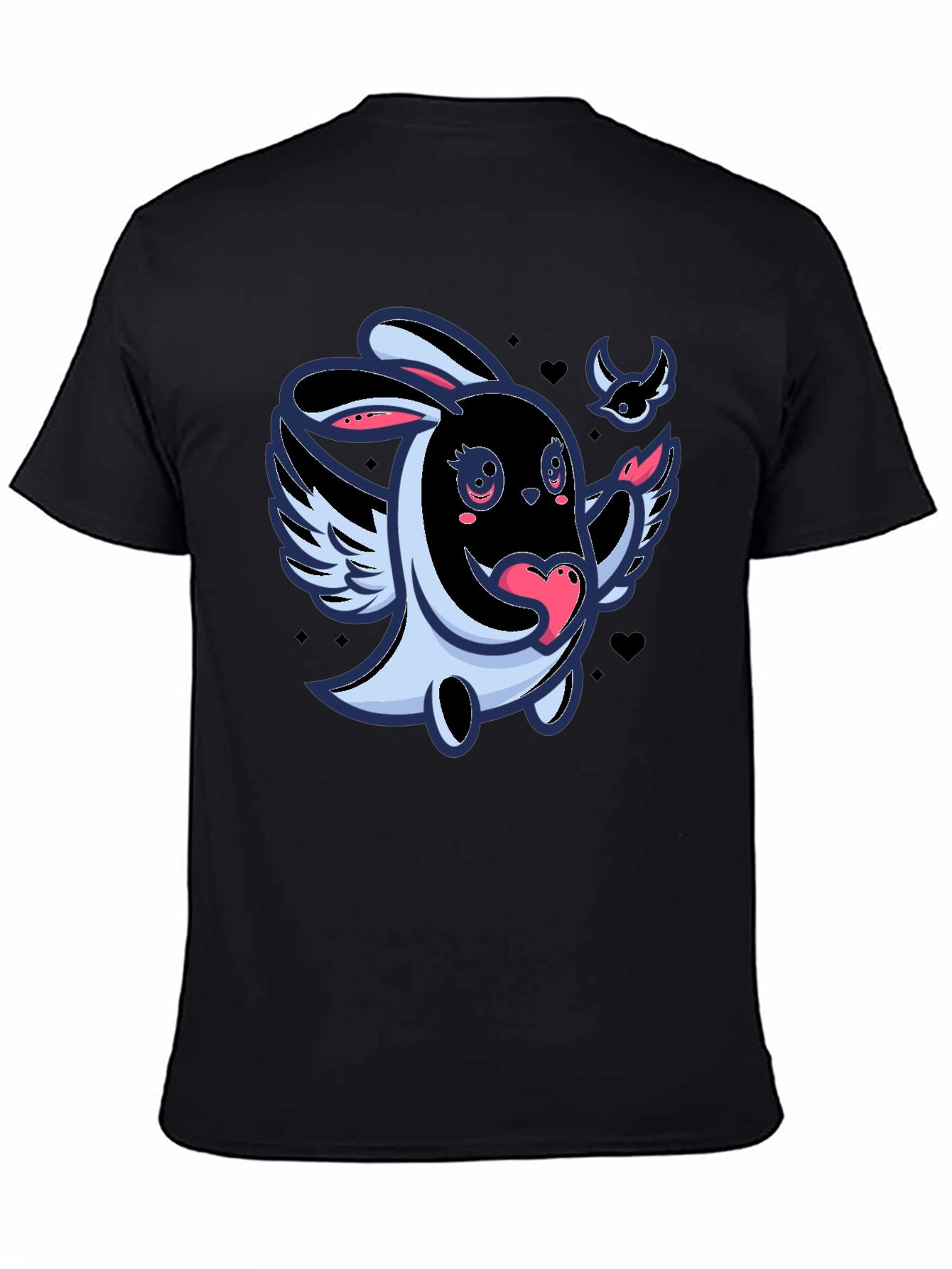 Cute Cartoon Bunny with Wings Black T-Shirt