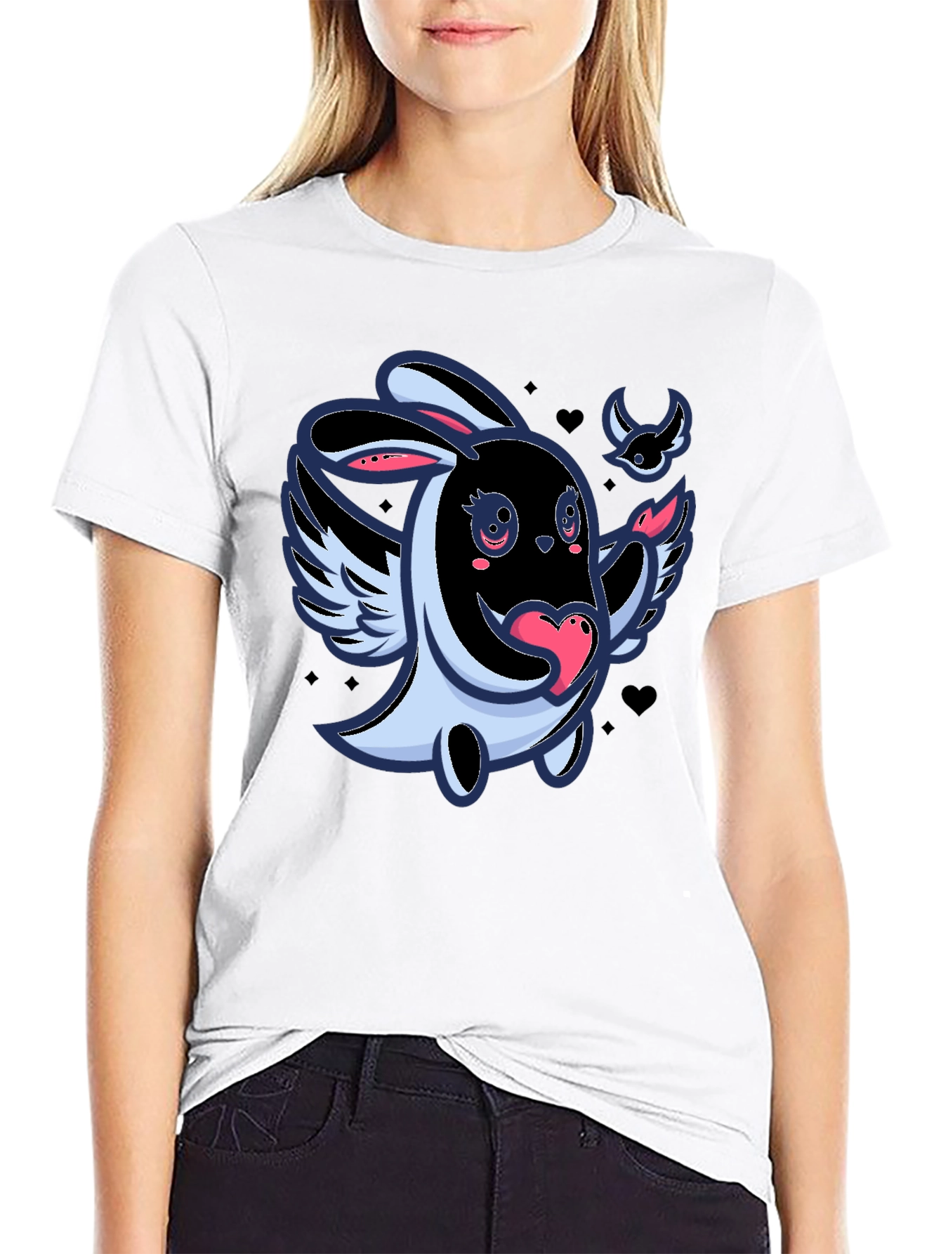 Cute Cartoon Bunny with Wings Black T-Shirt
