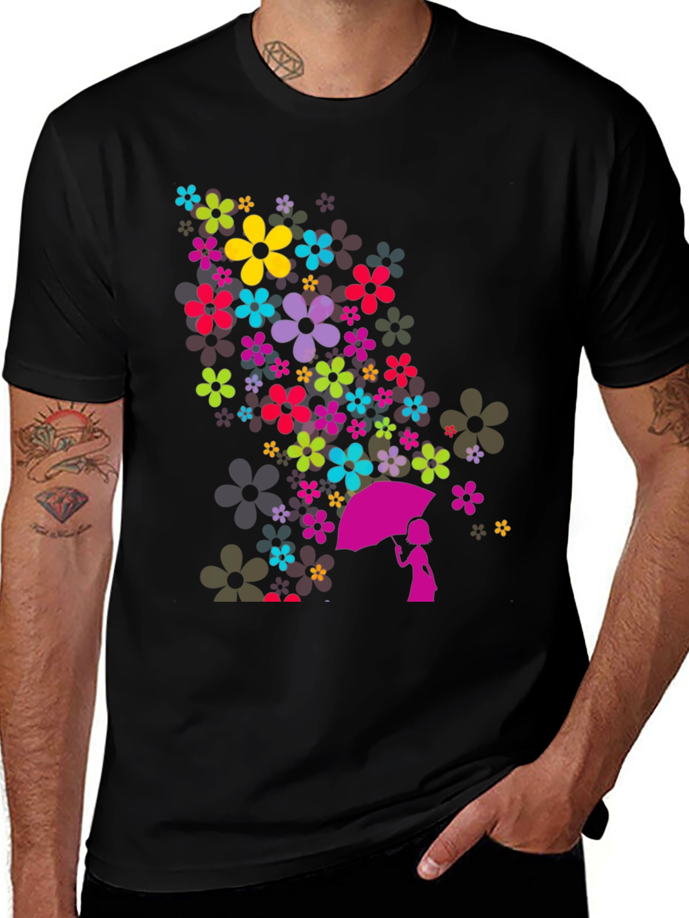 Floral Umbrella Graphic Black T-Shirt