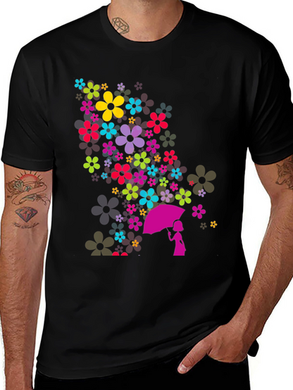 Floral Umbrella Graphic Black T-Shirt
