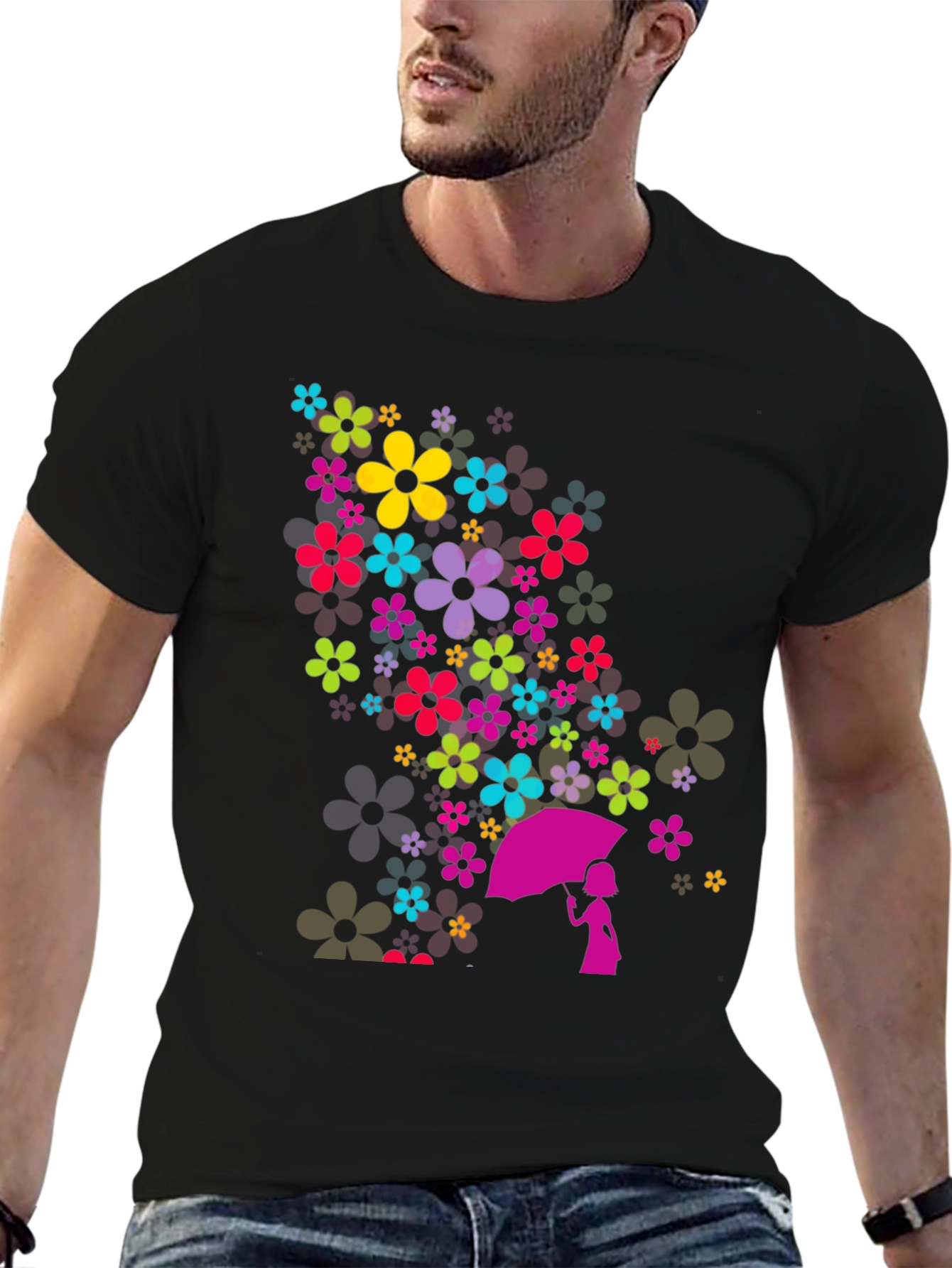 Floral Umbrella Graphic Black T-Shirt