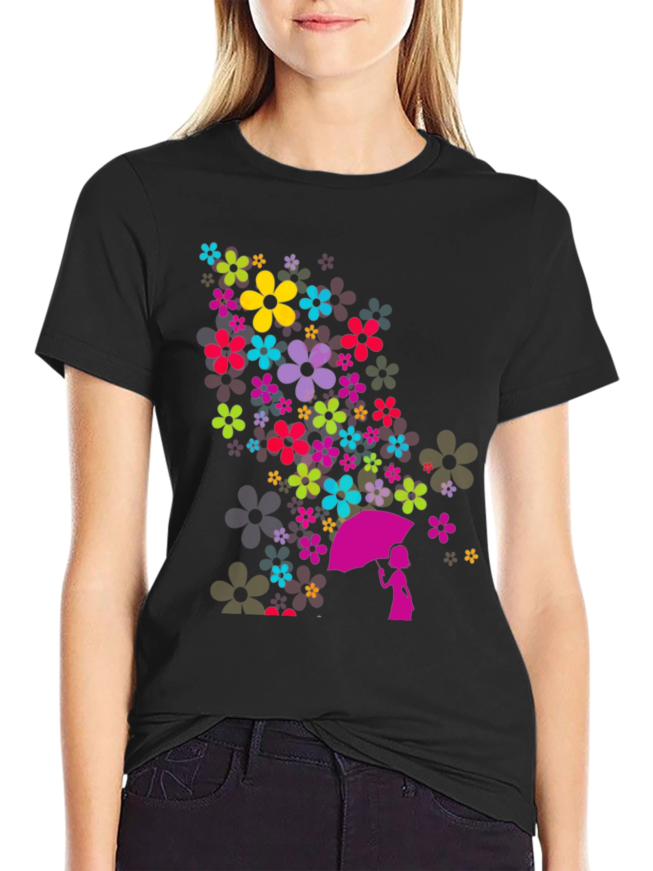 Floral Umbrella Graphic Black T-Shirt