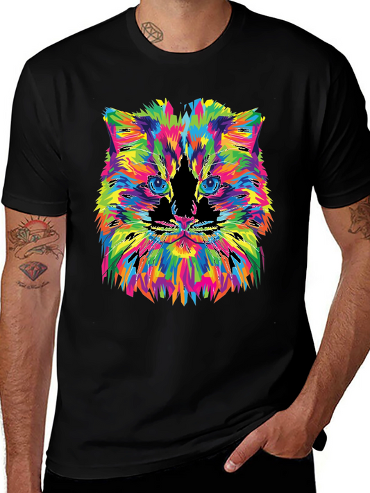 Colorful Cat Graphic Mens Black T-Shirt