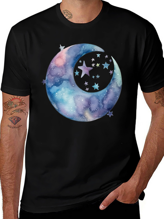 Watercolor Moon & Stars Graphic Tee - Black Cotton