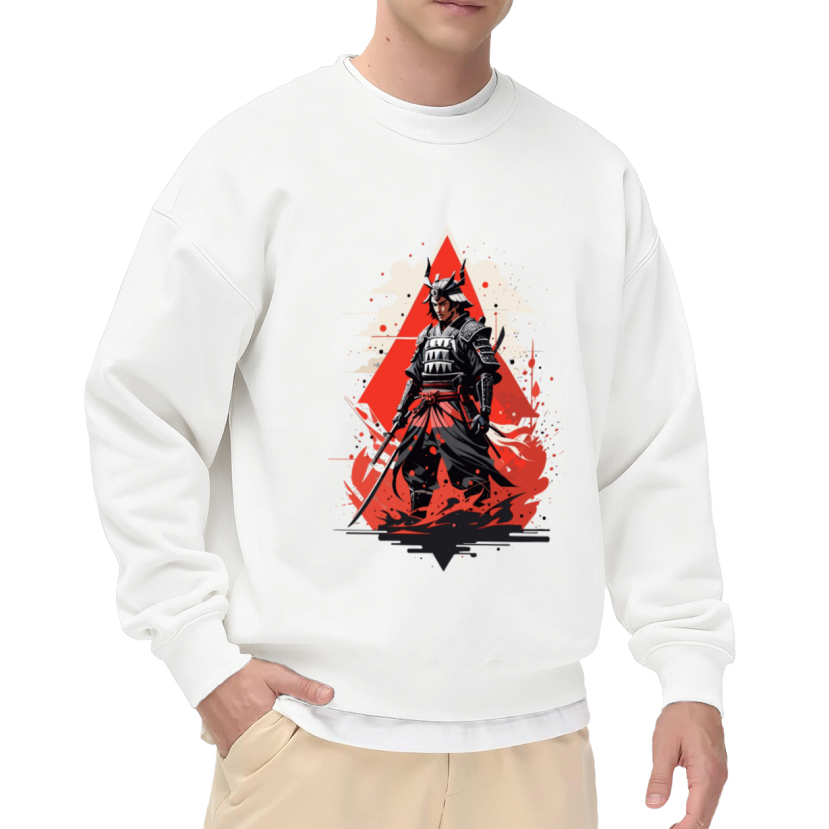 Samurai Warrior Red Triangle Crewneck Sweatshirt - Japanese Art Streetwear Pullover