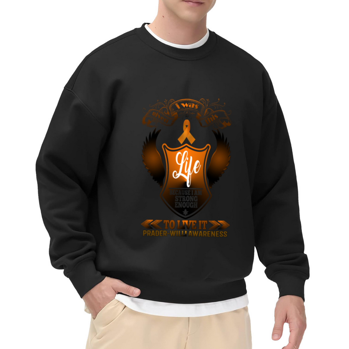 Prader-Willi Awareness Crewneck Sweatshirt - Orange Ribbon Support Pullover