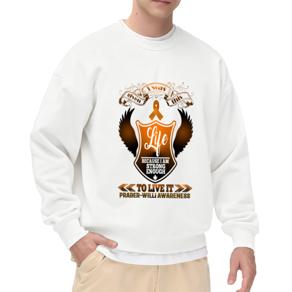 Prader-Willi Awareness Crewneck Sweatshirt - Orange Ribbon Support Pullover