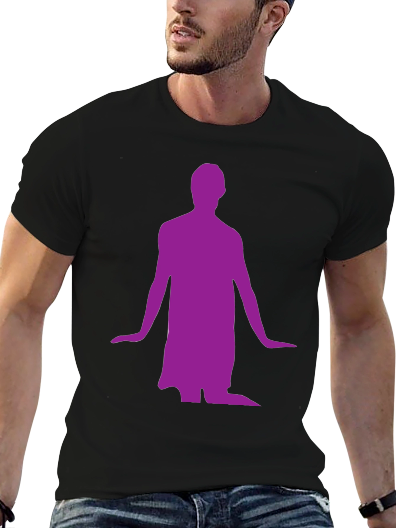 Mans Black T-Shirt with Purple Figure Graphic