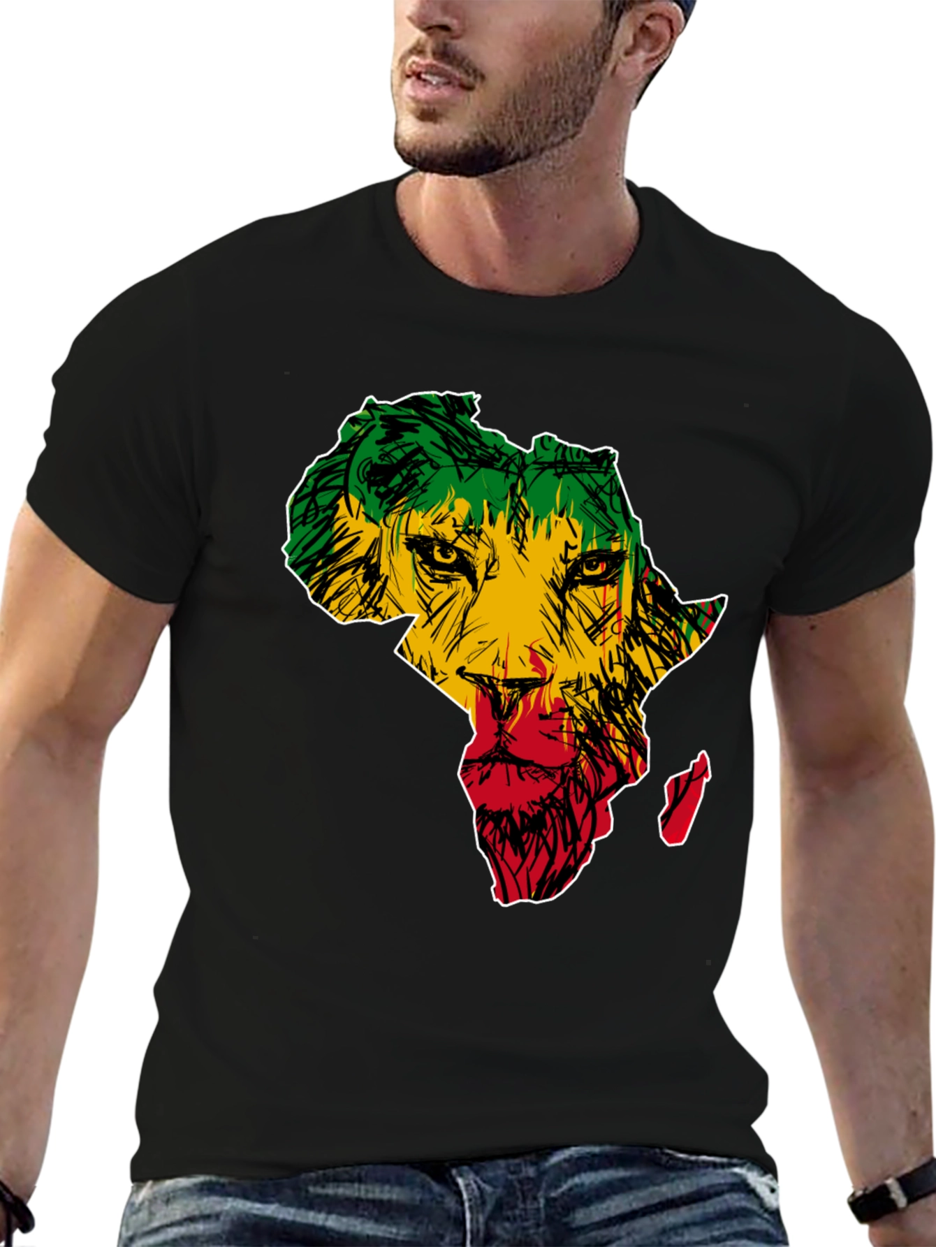 Africa Lion Print T-Shirt - Mens Black Tee