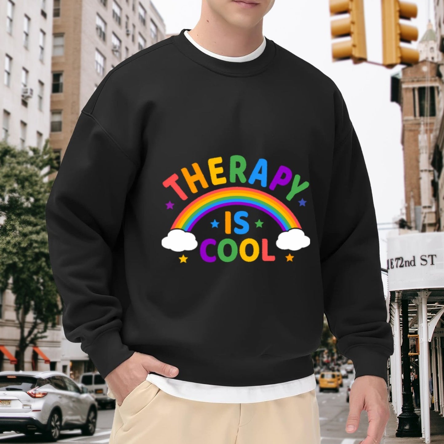 Uplifting Rainbow & "Therapy Is Cool" Statement Sweatshirt