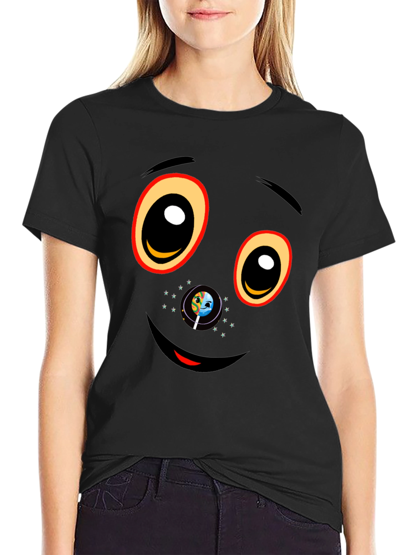 Black Graphic T-Shirt with Face Design