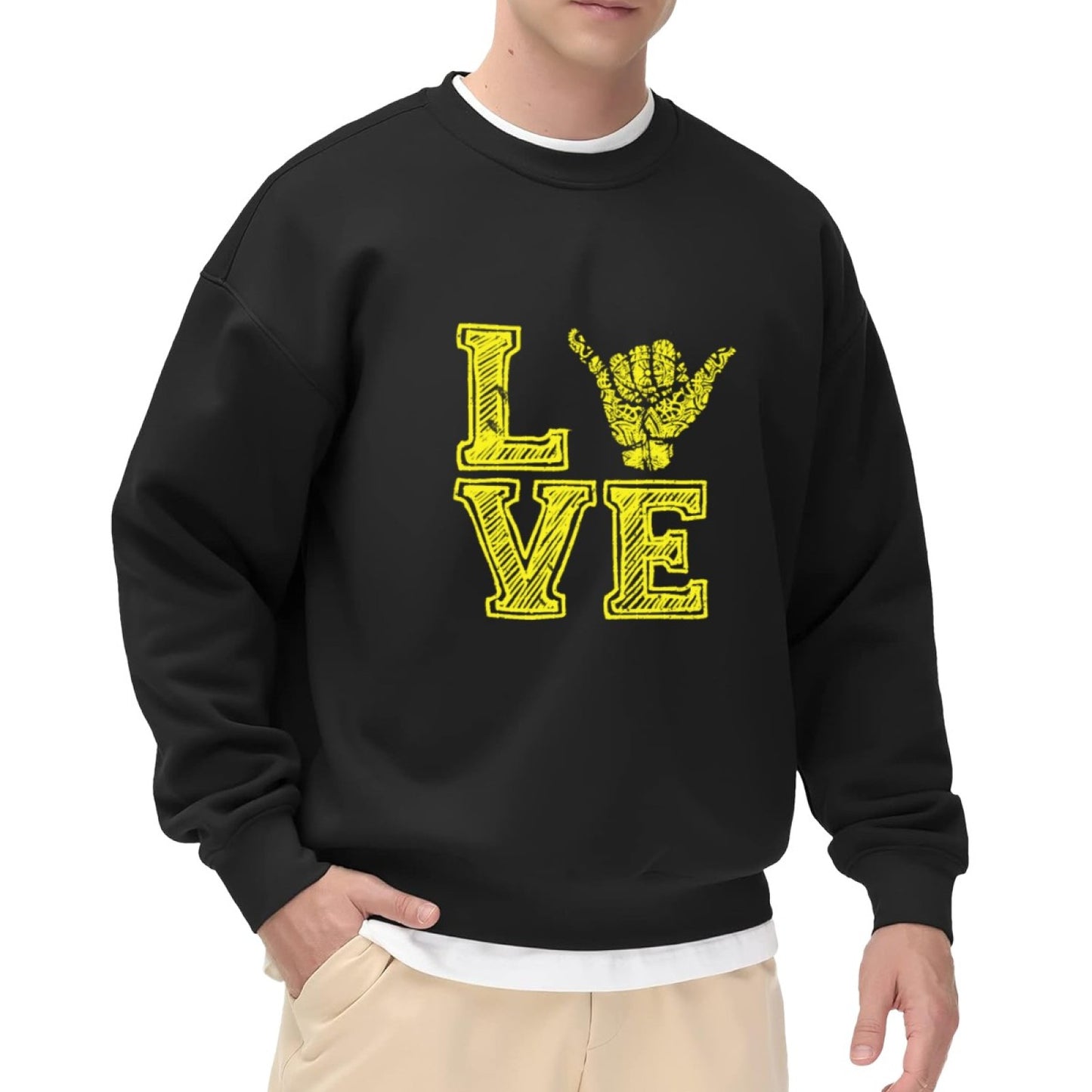 Streetwear-Inspired LOVE Hand Sign Sweatshirt – Black & Yellow Statement Piece