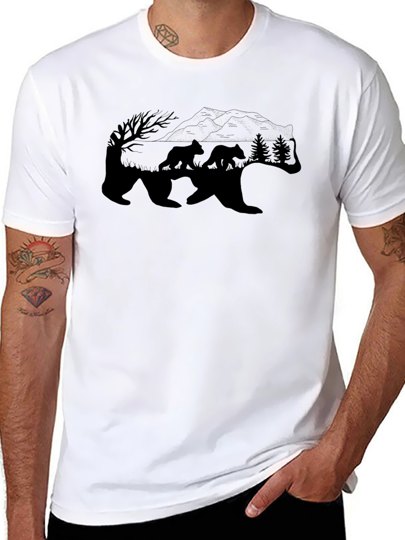 Bear Family Graphic T-Shirt - Black
