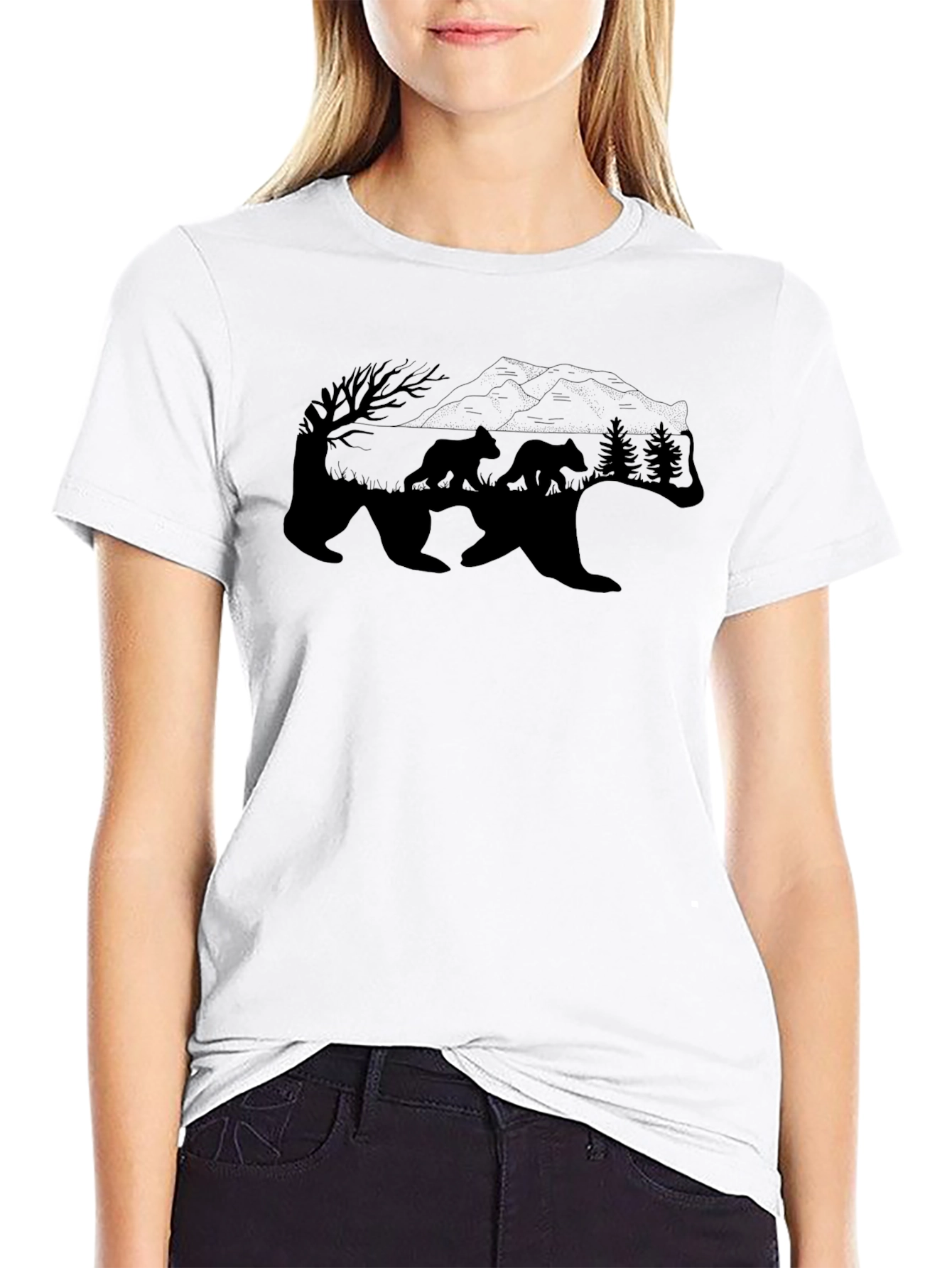 Bear Family Graphic T-Shirt - Black