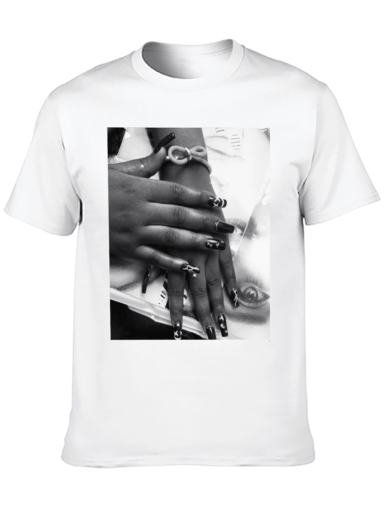 Trendy Black T-Shirt with Edgy Nail Art Print