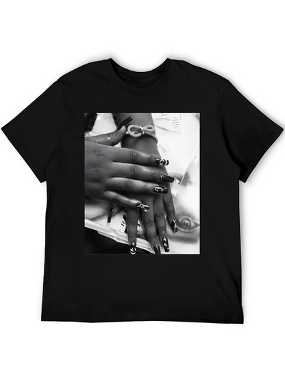 Trendy Black T-Shirt with Edgy Nail Art Print