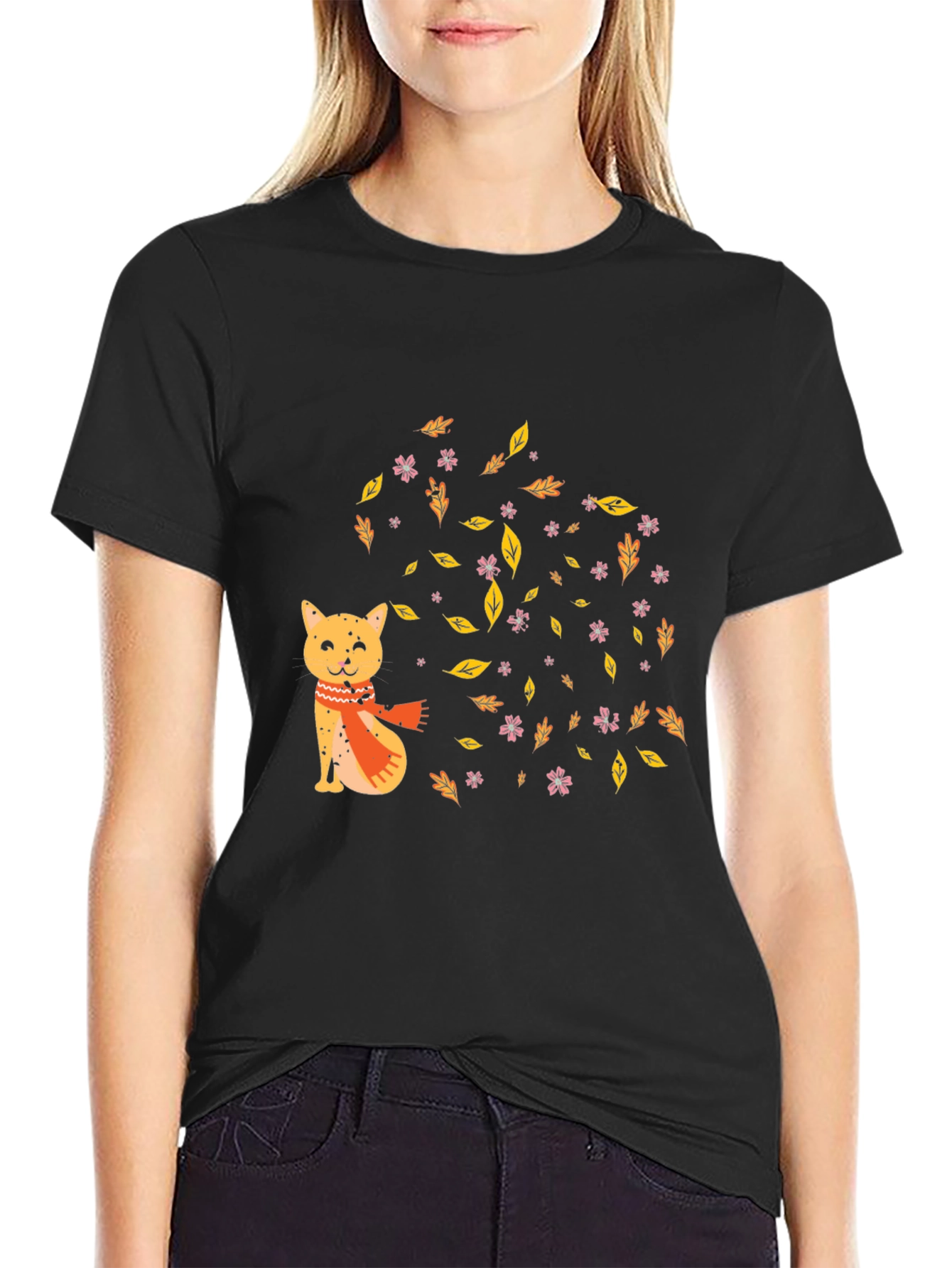 Autumn Cat Graphic Tee - Cozy Fall Vibes