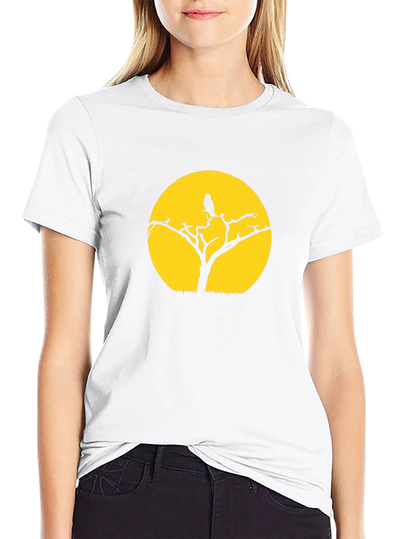 Black T-Shirt with Tree & Bird Graphic