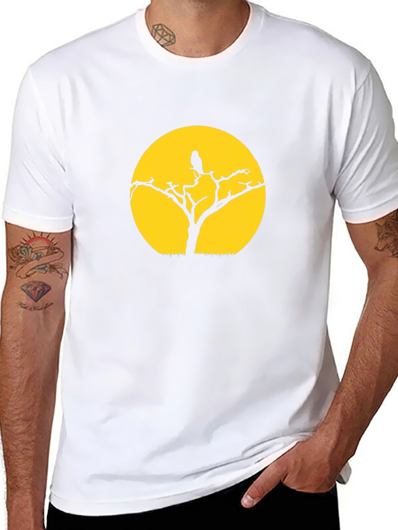 Black T-Shirt with Tree & Bird Graphic