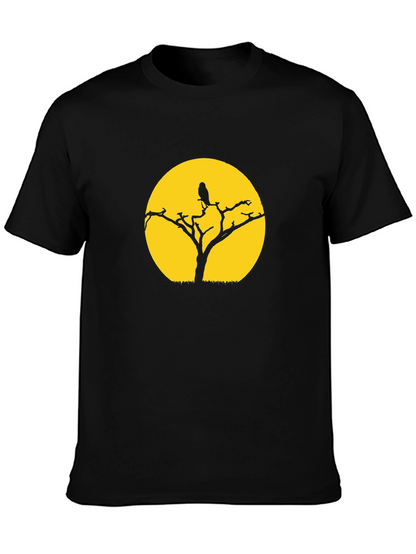 Black T-Shirt with Tree & Bird Graphic