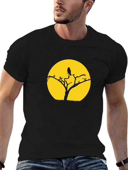 Black T-Shirt with Tree & Bird Graphic