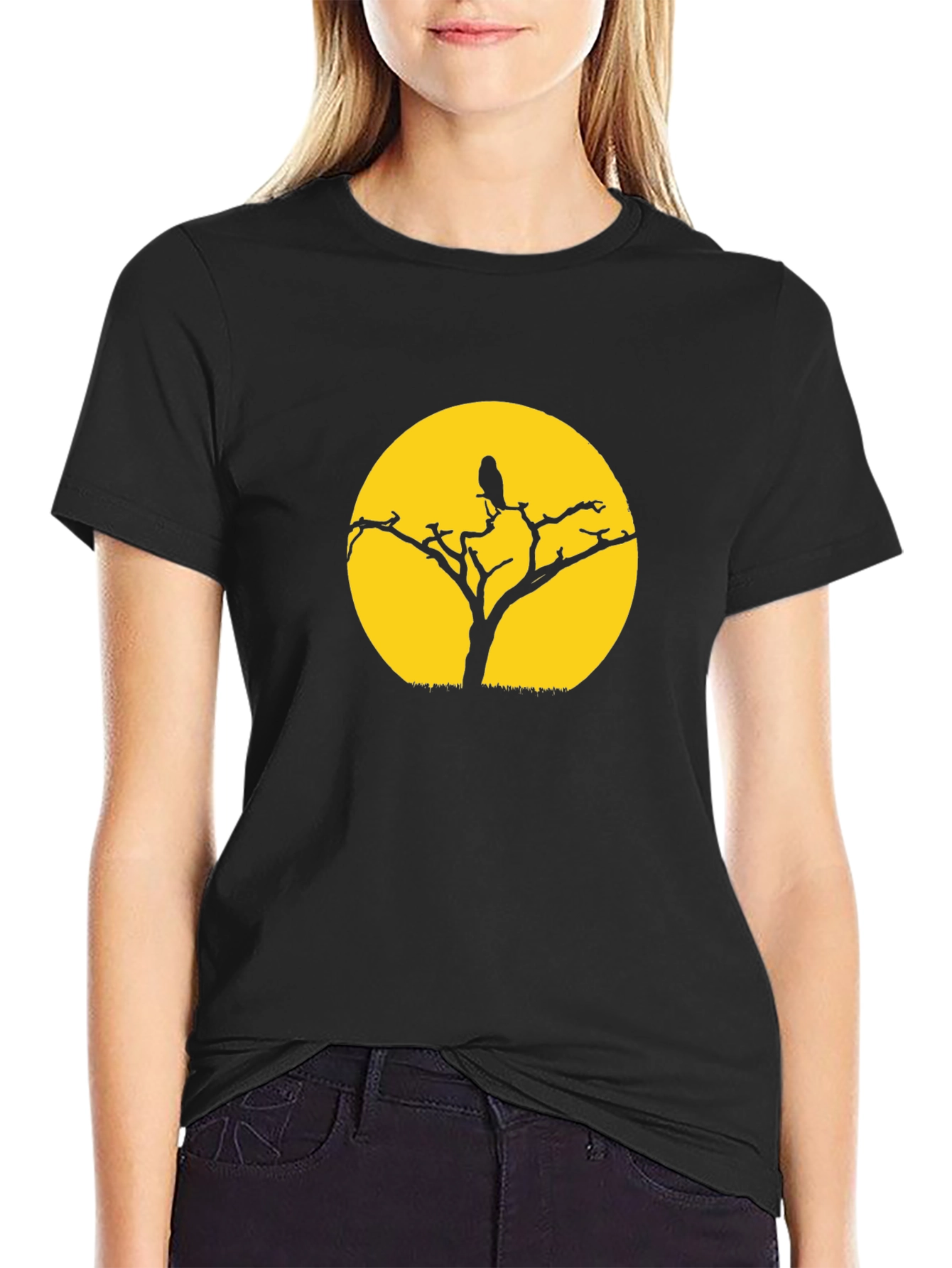 Black T-Shirt with Tree & Bird Graphic
