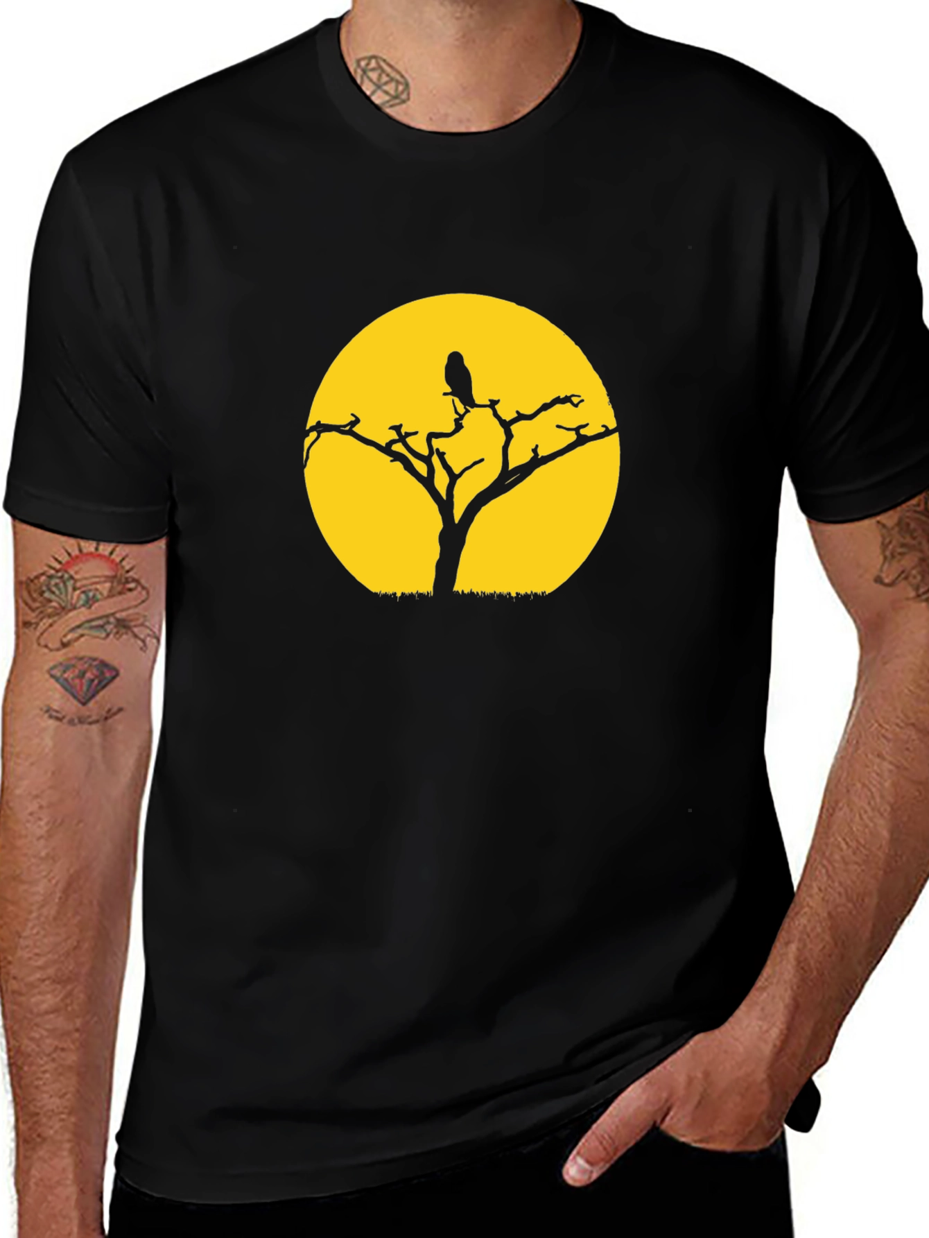 Black T-Shirt with Tree & Bird Graphic