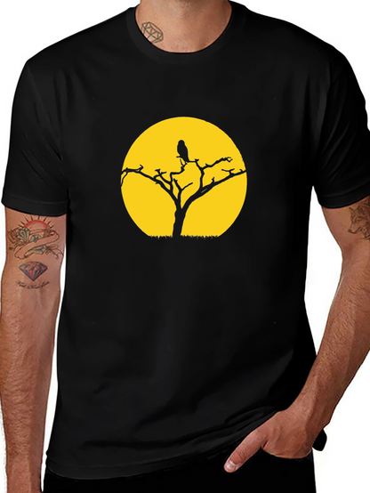 Black T-Shirt with Tree & Bird Graphic