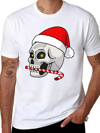 Festive Skull T-Shirt: Santa Hat & Candy Cane