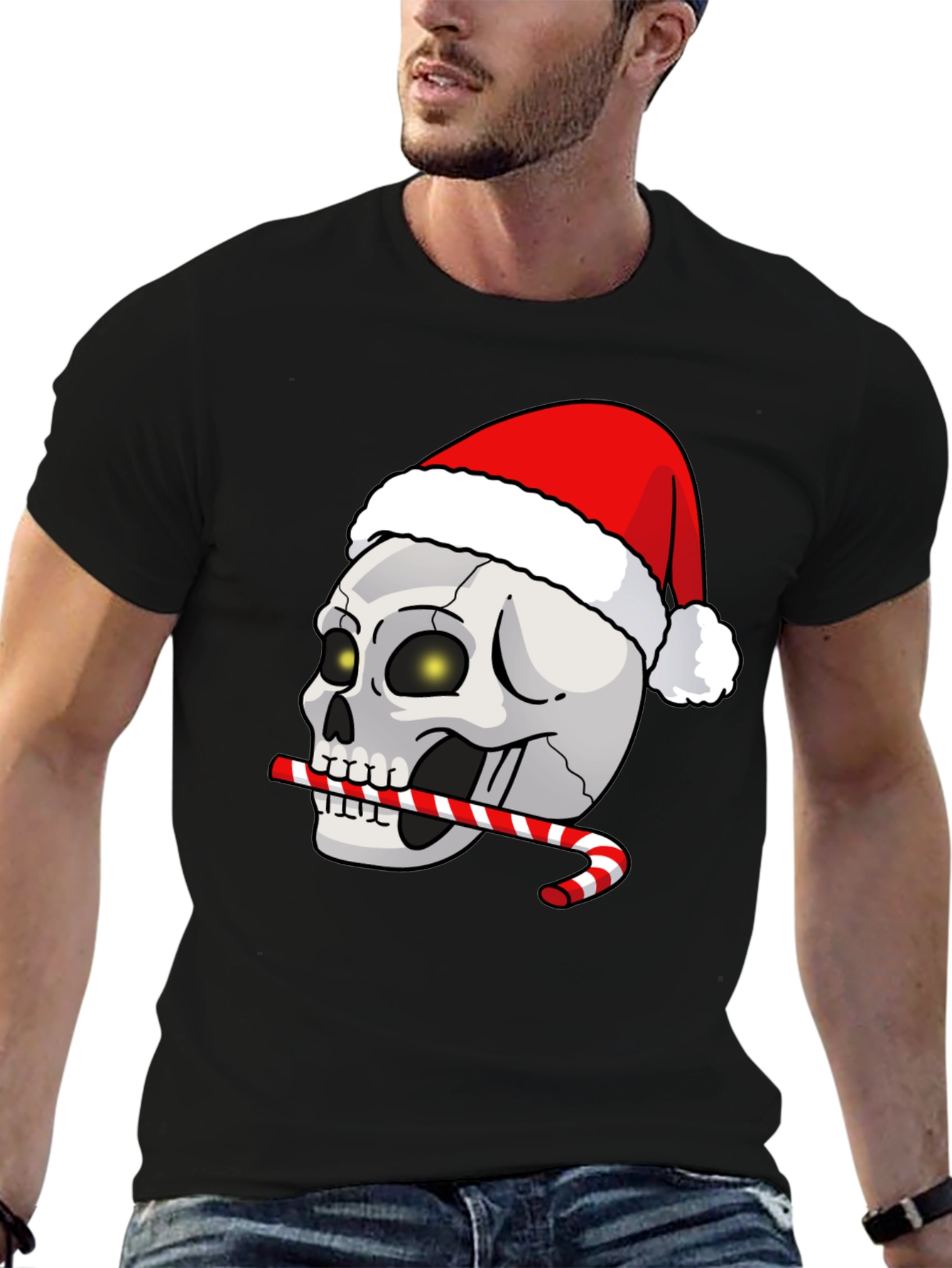 Festive Skull T-Shirt: Santa Hat & Candy Cane