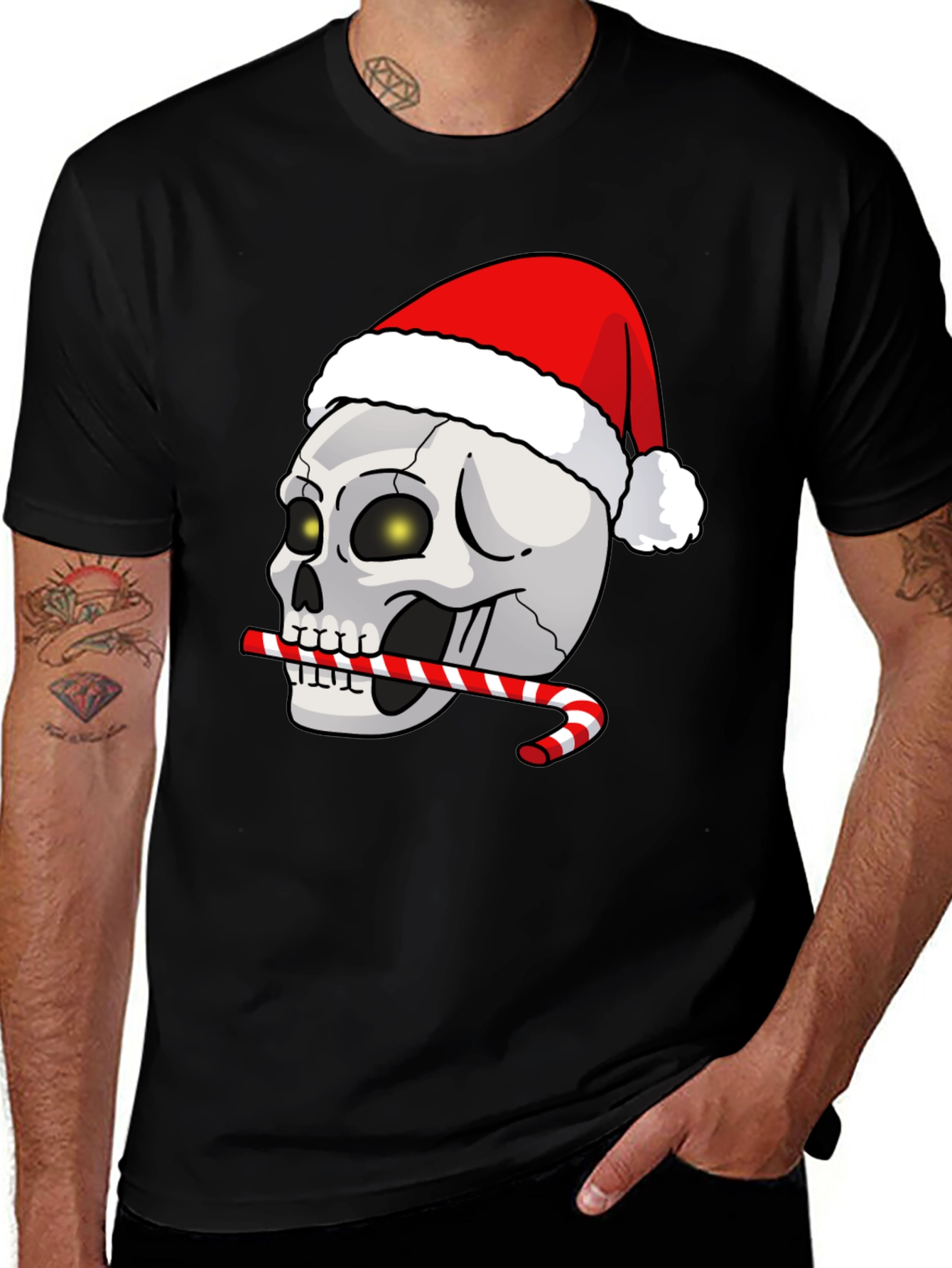 Festive Skull T-Shirt: Santa Hat & Candy Cane