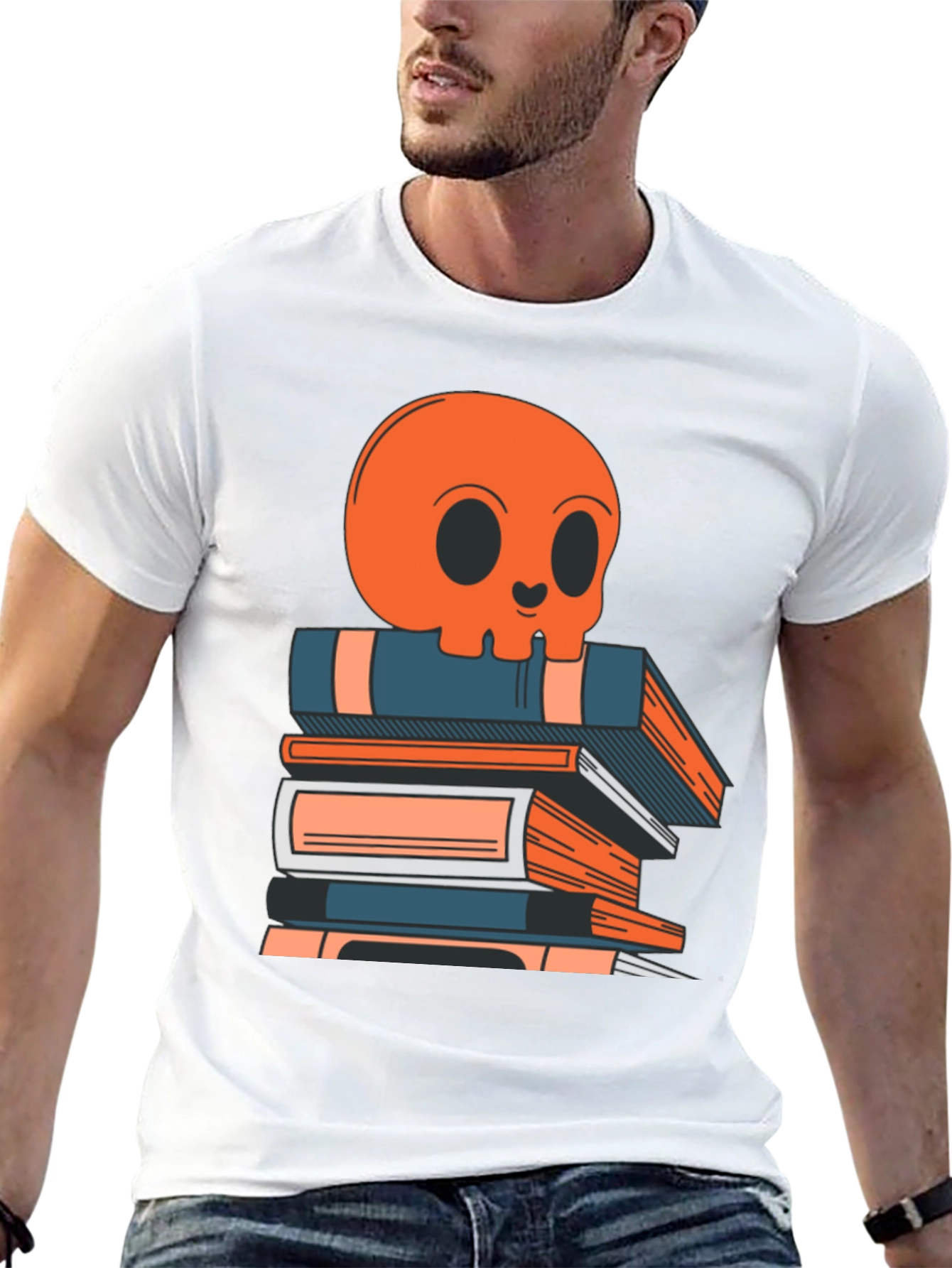 Skull on Books Graphic Tee - Black Cotton T-Shirt