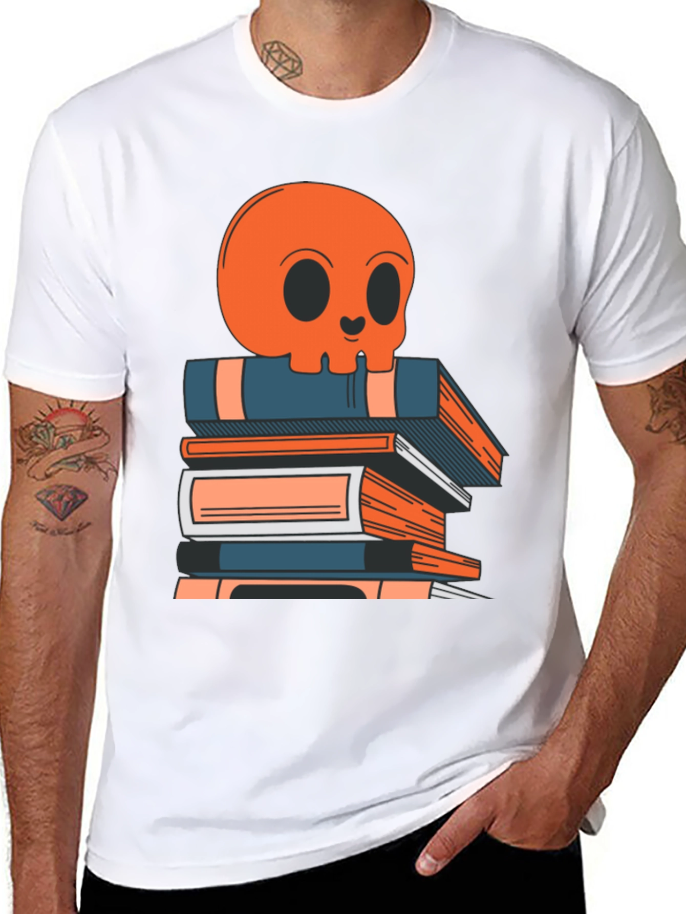 Skull on Books Graphic Tee - Black Cotton T-Shirt
