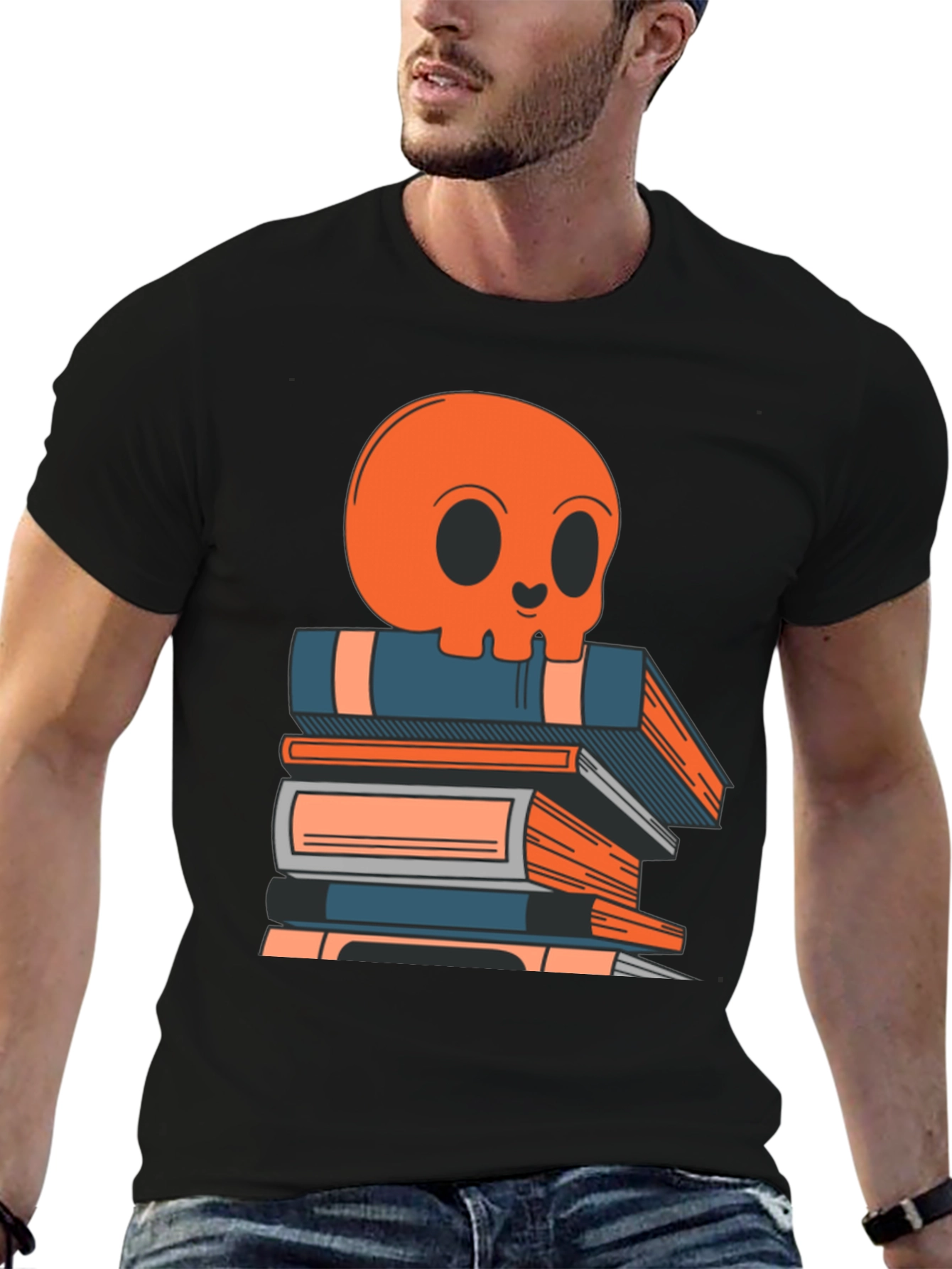 Skull on Books Graphic Tee - Black Cotton T-Shirt
