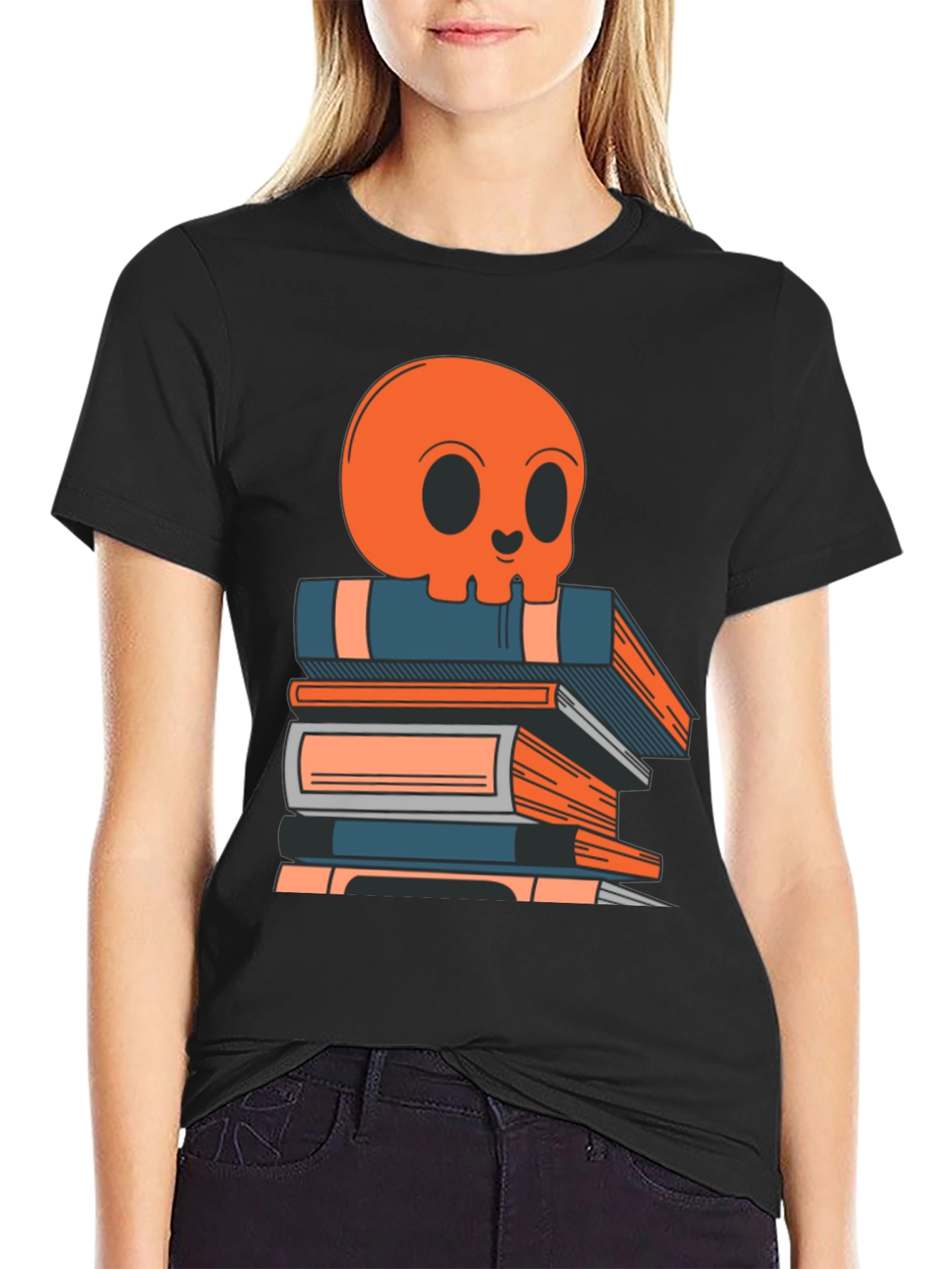 Skull on Books Graphic Tee - Black Cotton T-Shirt