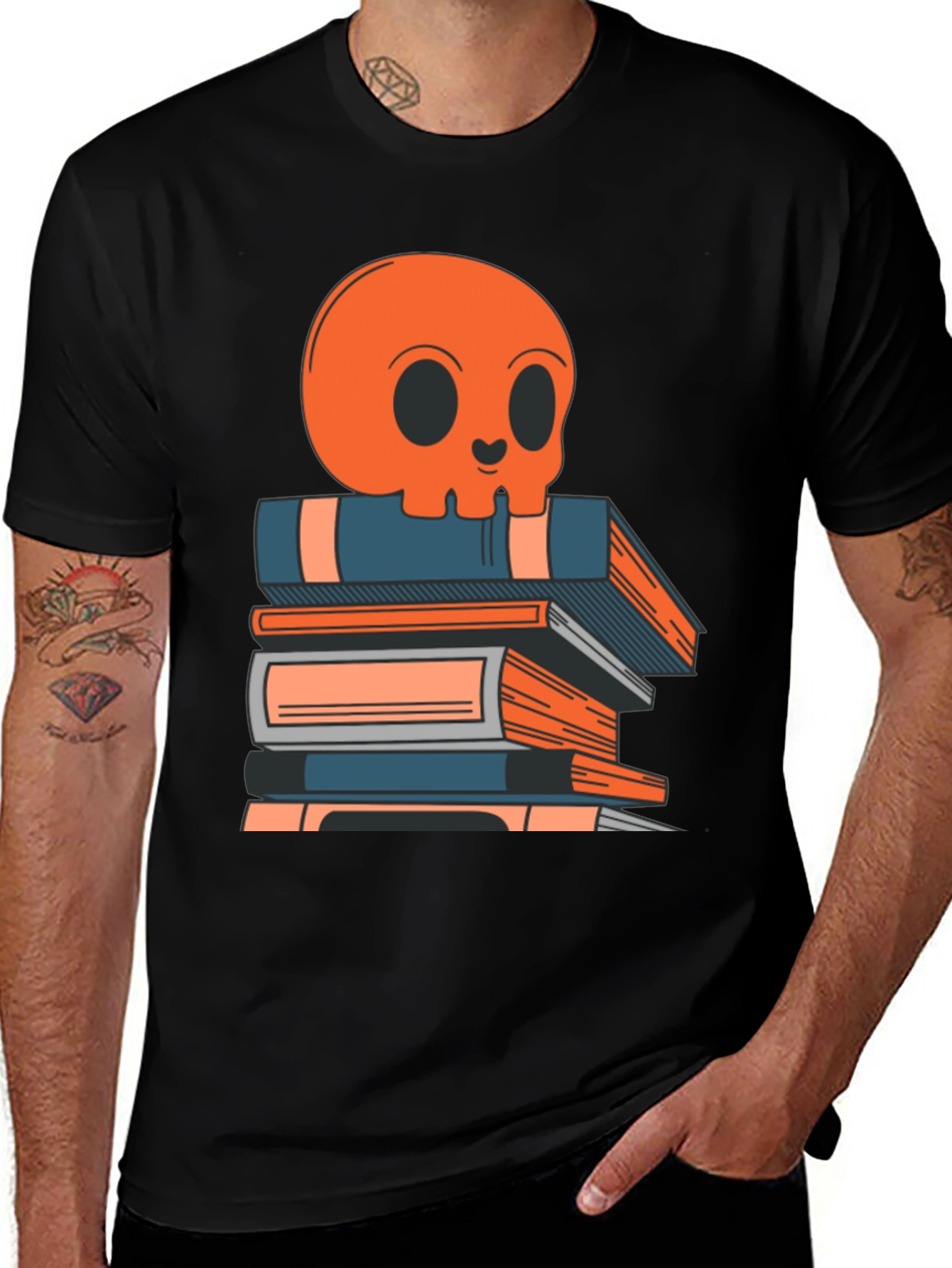 Skull on Books Graphic Tee - Black Cotton T-Shirt