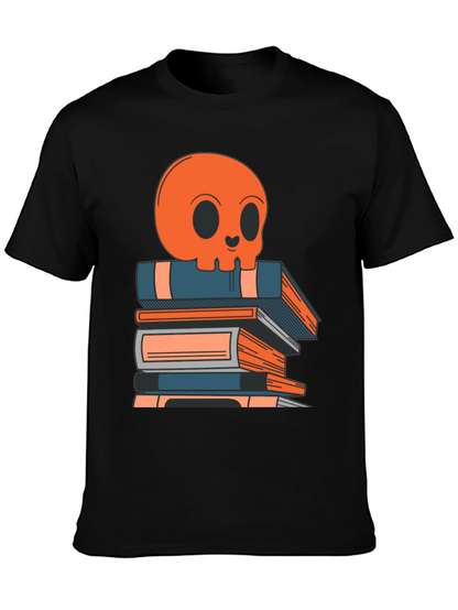 Skull on Books Graphic Tee - Black Cotton T-Shirt