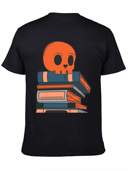 Skull on Books Graphic Tee - Black Cotton T-Shirt