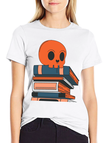 Skull on Books Graphic Tee - Black Cotton T-Shirt