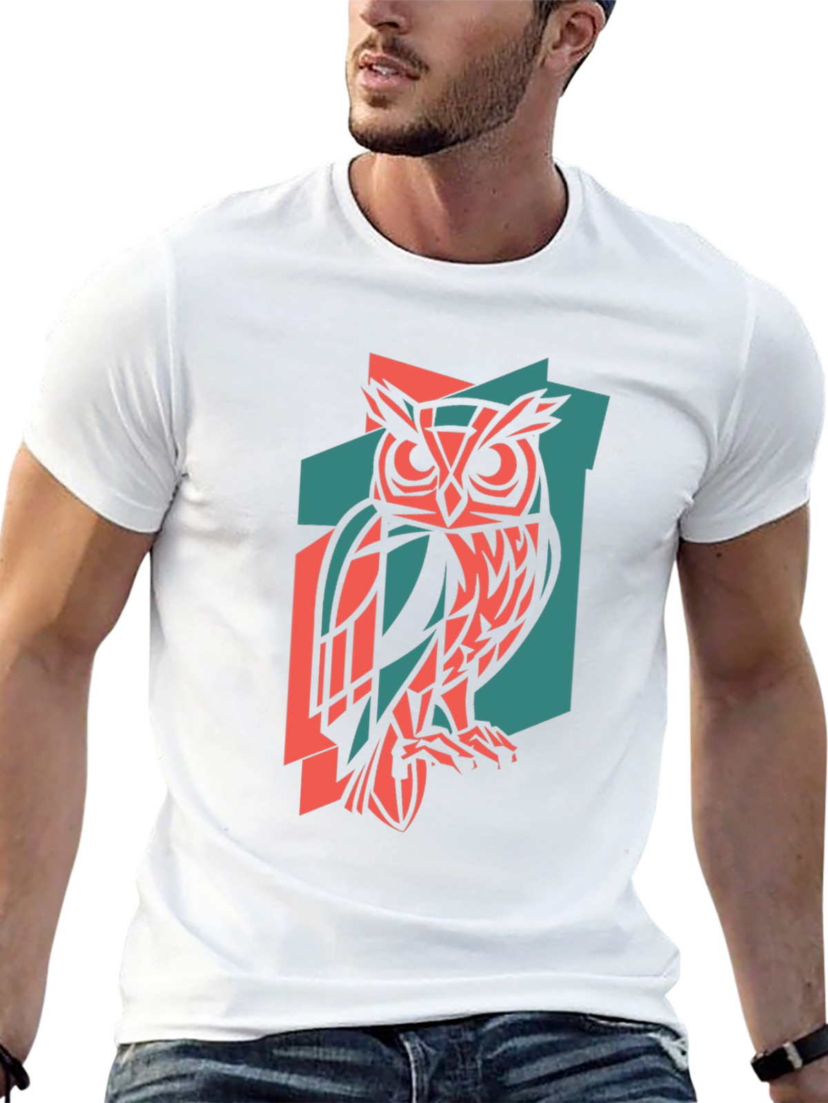 Geometric Owl Print Black T-Shirt