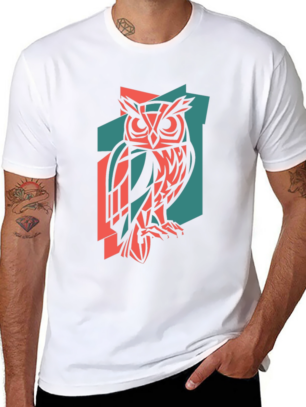 Geometric Owl Print Black T-Shirt