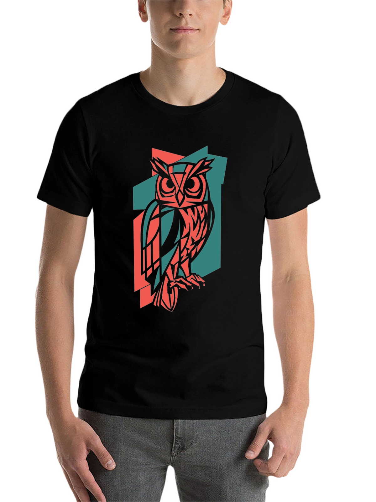 Geometric Owl Print Black T-Shirt