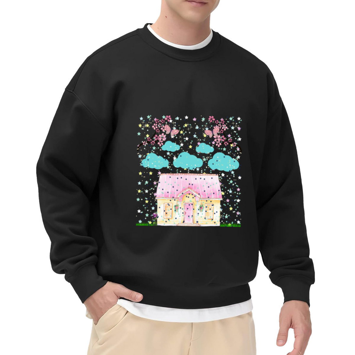 Fairy Tale House Sweatshirt - Cute Cherry Blossom Cottage Crewneck, Kawaii Spring Scene Pullover, Cozy Cottagecore Gift Sweatshirt, Butterfly Garden Top