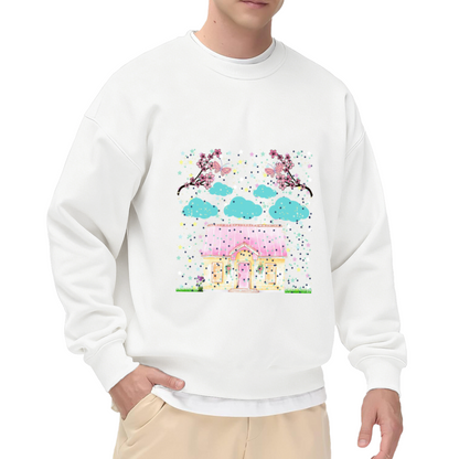 Fairy Tale House Sweatshirt - Cute Cherry Blossom Cottage Crewneck, Kawaii Spring Scene Pullover, Cozy Cottagecore Gift Sweatshirt, Butterfly Garden Top