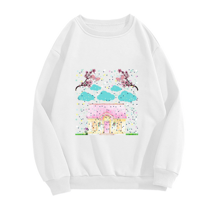 Fairy Tale House Sweatshirt - Cute Cherry Blossom Cottage Crewneck, Kawaii Spring Scene Pullover, Cozy Cottagecore Gift Sweatshirt, Butterfly Garden Top